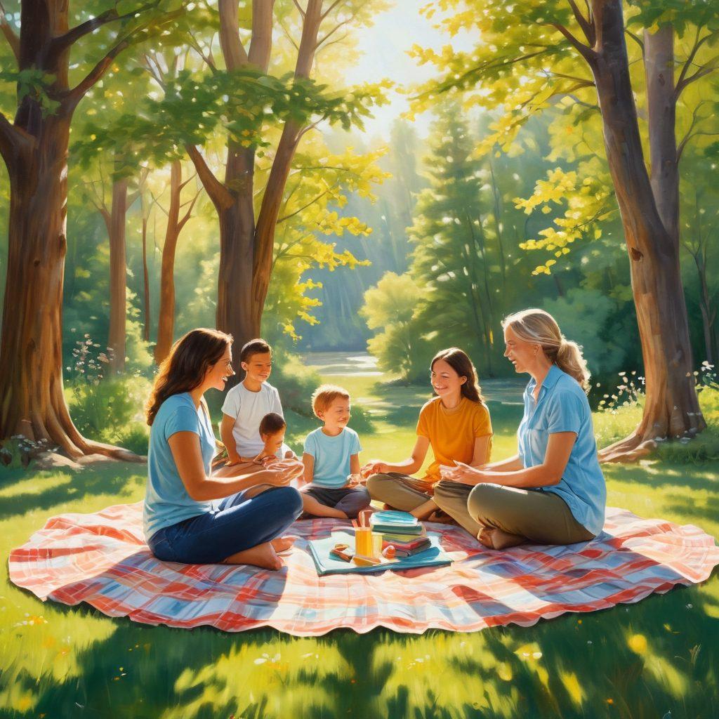 A serene family scene depicting parents engaging in self-care activities with their children, surrounded by nature. Soft sunlight filters through trees, creating a warm, inviting atmosphere. Include elements like a picnic blanket, books, and children playing joyfully. The parents are practicing mindfulness or meditating, radiating happiness and fulfillment. vibrant colors. painting.