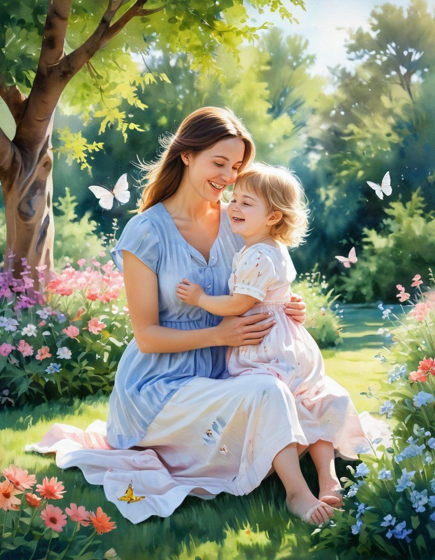 A warm and inviting scene of a mother and child playing together in a sunlit garden, surrounded by blooming flowers and butterflies. The mother is laughing, embodying joy and fulfillment, while the child is joyfully chasing after a butterfly, creating a sense of carefree happiness. Soft pastel colors dominate the image, enhancing the cheerful atmosphere. Include elements of nature like trees and a gentle breeze to symbolize growth and nurturing. watercolor painting. vibrant colors.