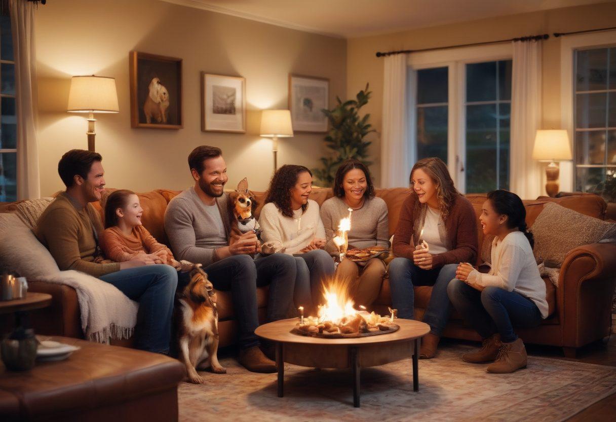 A cozy family gathering in a living room, featuring parents and children laughing together, sharing a warm meal. Soft, glowing lights create a heartwarming atmosphere, with family portraits on the walls and a playful dog nearby. Include elements of diverse family backgrounds to reflect inclusivity. soft focus, warm colors, super-realistic.